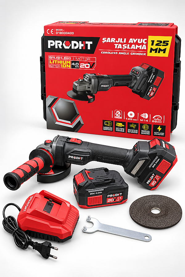 PRODHT D18000400 20V 4.0Ah Şarjlı Avuç Taşlama 125 mm 2 Akülü Set Fırçasız Motor - 2