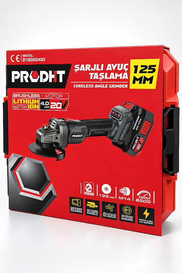 PRODHT D18000400 20V 4.0Ah Şarjlı Avuç Taşlama 125 mm 2 Akülü Set Fırçasız Motor - 5