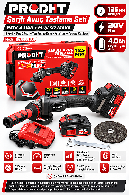 PRODHT D18000400 20V 4.0Ah Şarjlı Avuç Taşlama 125 mm 2 Akülü Set Fırçasız Motor