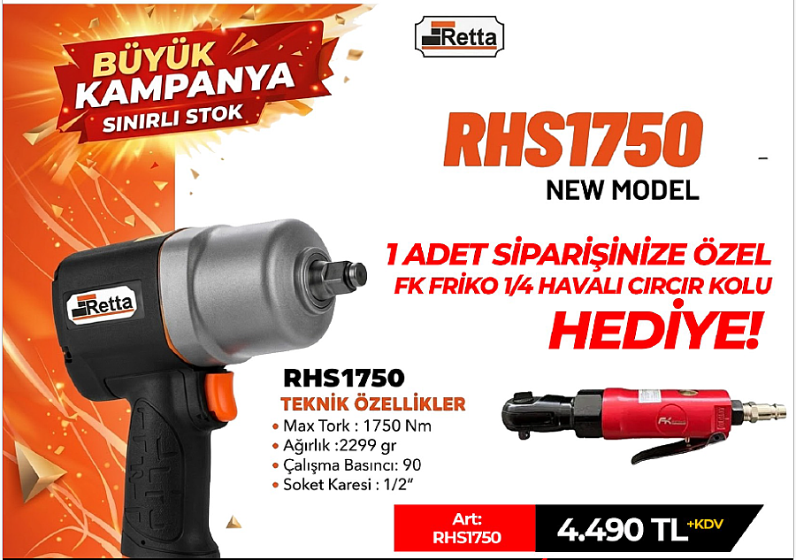 Retta 1750Nm 1/2 Havalı Somun Sökme Tabancası + 1 Adet FK Friko 1/4 Havalı Cırcır Kolu HEDİYE! - 1