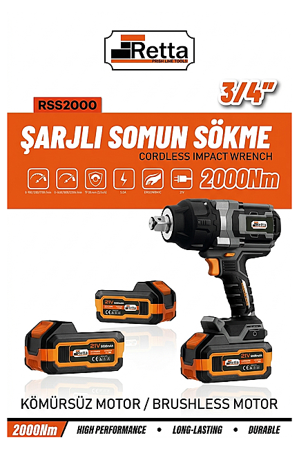 Retta 3/4 Şarjlı Somun Sökme Tabancası 2000Nm RSS2000 5 Amper Çift Batarya