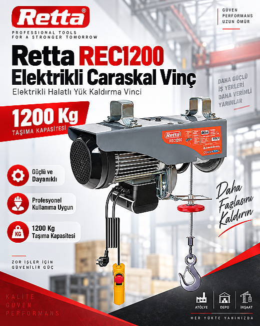 Retta REC1200 Elektrikli Caraskal Vinç 1200Kg – Elektrikli Halatlı Yük Kaldırma Vinci